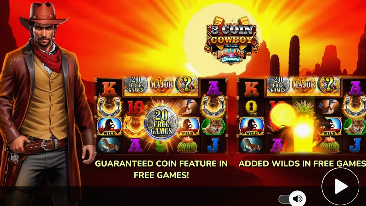 Cenário de Velho Oeste com elementos de slot 3 Coin Cowboy Dollars & Dreams